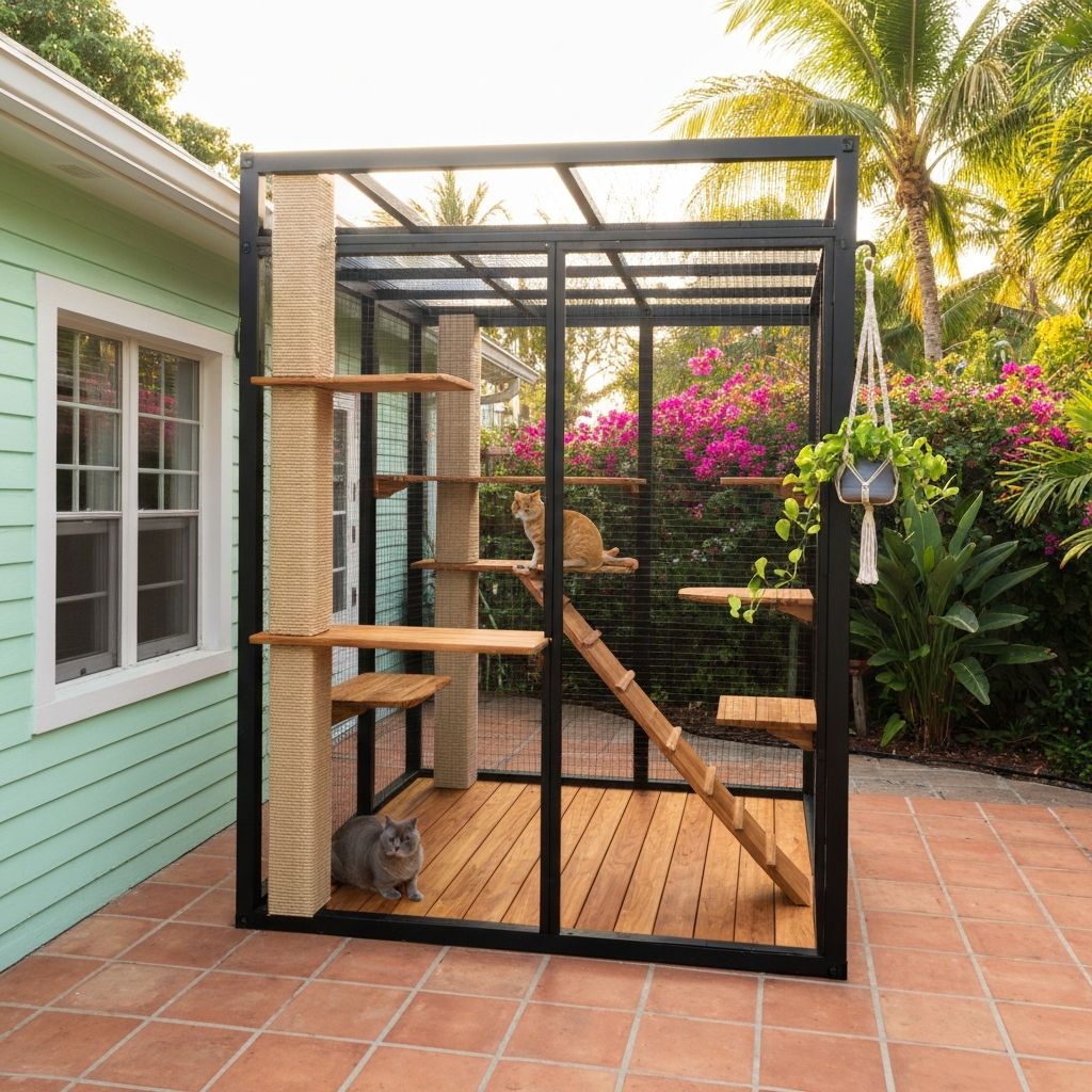 Luxury custom catio enclosure attached to a modern South Florida home at golden hour